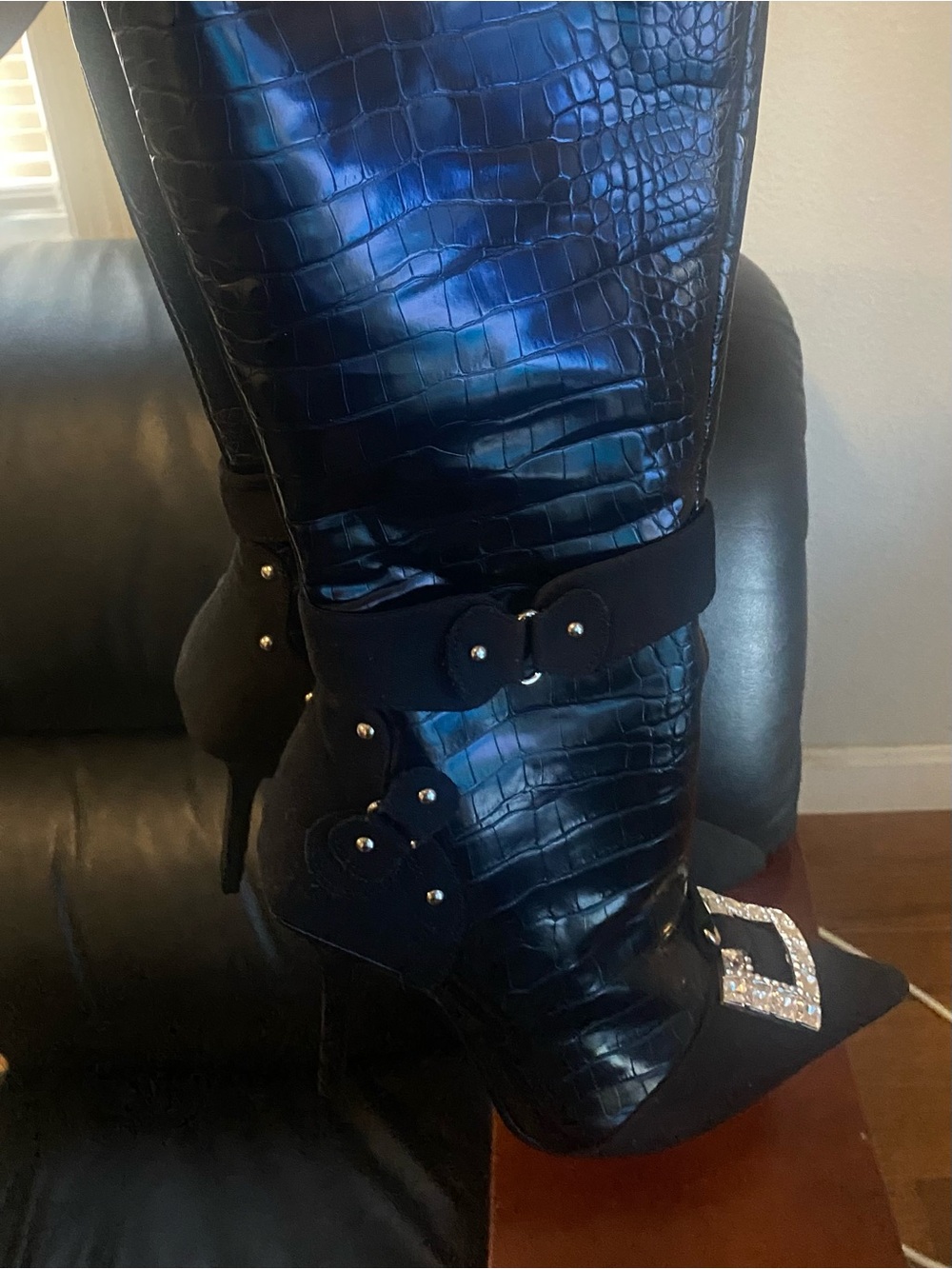 Fashion Nova Black Croc-Embossed Over-the-Knee Boot with Crystal Buckle Accent